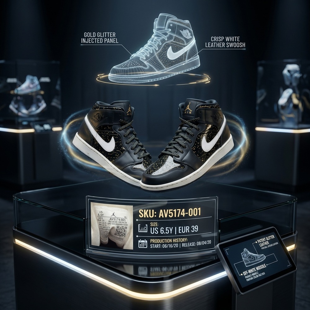 Jordan 1 Mid SE Black Gold‎ Glitter Paint AV5174-001 6.5Y 8W